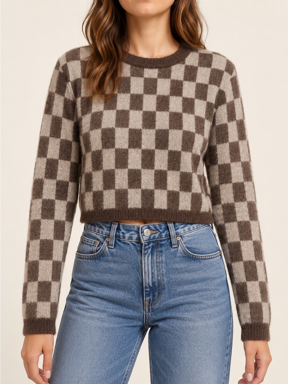 Nanushka‎ Checkered Alpaca Wool Blend Cropped Sweater Brown Beige Size M
